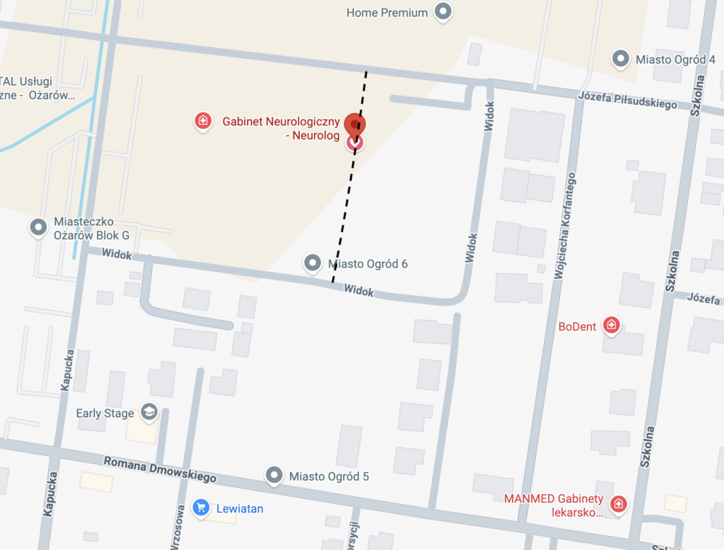 Pierwsza mapa okolicy gabinetu przy ulicy Piłsudskiego 5 w Ożarowie Mazowieckim